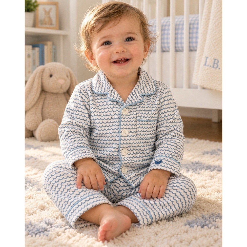 Petite Plume Baby Pajama Set 12-18M Blue White Wave Print 2 Piece PJs